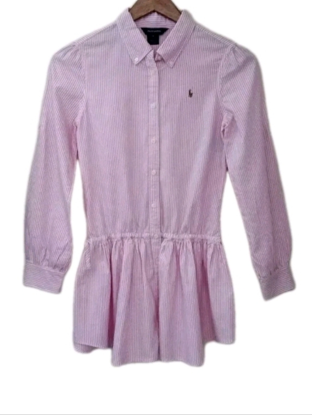 Ralph Lauren Girls Oxford Shirt Dress Roll Tab Long Sleeve Striped Pink 14 Polo
